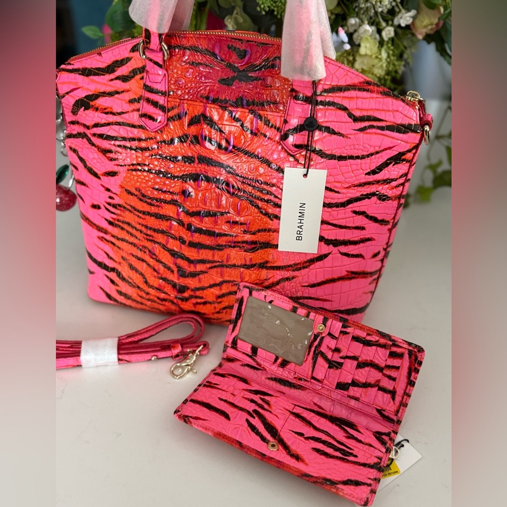 Brahmin Lg Duxbury Pink Feline Ombre Melbourne Leather Satchel & Ady Wallet NWT - Picture 2 of 11